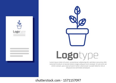 Blue Flowers in pot icon isolated on white background. Plant growing in a pot. Potted plant sign. Logo design template element. Vector Illustration