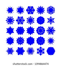 Blue Flowers / Pseudo-Snowflakes on white background. Sharp set of 25 items. - Vector