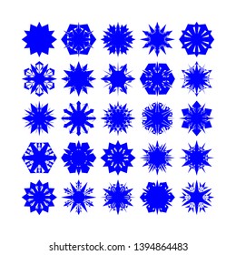 Blue Flowers / Pseudo-Snowflakes on white background. Sharp set of 25 items. - Vector