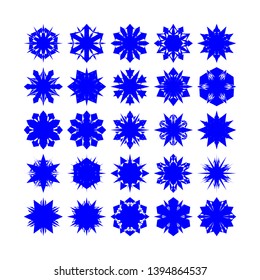 Blue Flowers / Pseudo-Snowflakes on white background. Sharp set of 25 items. - Vector