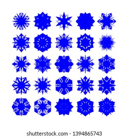 Blue Flowers / Pseudo-Snowflakes on white background. Sharp set of 25 items. - Vector