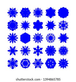 Blue Flowers / Pseudo-Snowflakes on white background. Sharp set of 25 items. - Vector