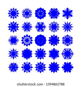 Blue Flowers / Pseudo-Snowflakes on white background. Sharp set of 25 items. - Vector