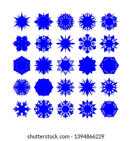 Blue Flowers / Pseudo-Snowflakes on white background. Sharp set of 25 items. - Vector