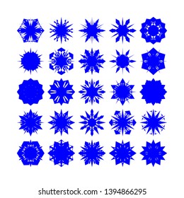Blue Flowers / Pseudo-Snowflakes on white background. Sharp set of 25 items. - Vector
