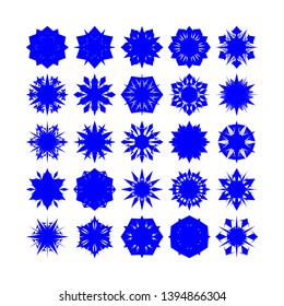 Blue Flowers / Pseudo-Snowflakes on white background. Sharp set of 25 items. - Vector