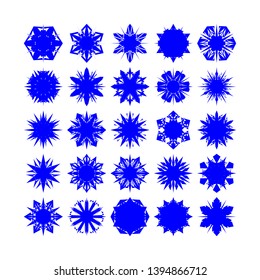 Blue Flowers / Pseudo-Snowflakes on white background. Sharp set of 25 items. - Vector