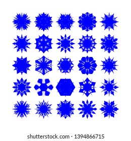 Blue Flowers / Pseudo-Snowflakes on white background. Sharp set of 25 items. - Vector