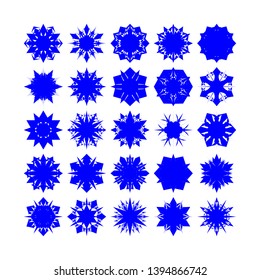 Blue Flowers / Pseudo-Snowflakes on white background. Sharp set of 25 items. - Vector