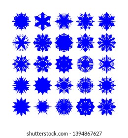 Blue Flowers / Pseudo-Snowflakes on white background. Sharp set of 25 items. - Vector