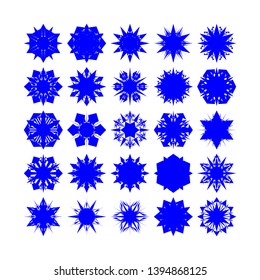 Blue Flowers / Pseudo-Snowflakes on white background. Sharp set of 25 items. - Vector