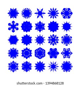 Blue Flowers / Pseudo-Snowflakes on white background. Sharp set of 25 items. - Vector