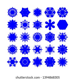 Blue Flowers / Pseudo-Snowflakes on white background. Sharp set of 25 items. - Vector