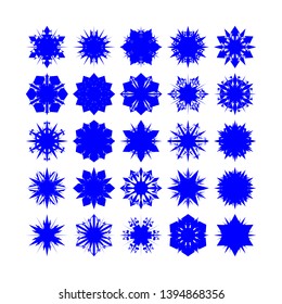 Blue Flowers / Pseudo-Snowflakes on white background. Sharp set of 25 items. - Vector