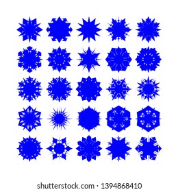 Blue Flowers / Pseudo-Snowflakes on white background. Sharp set of 25 items. - Vector