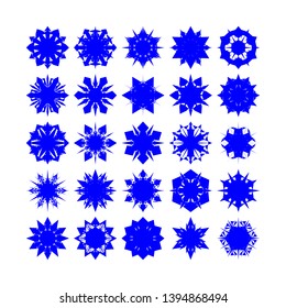 Blue Flowers / Pseudo-Snowflakes on white background. Sharp set of 25 items. - Vector