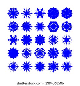 Blue Flowers / Pseudo-Snowflakes on white background. Sharp set of 25 items. - Vector