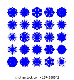 Blue Flowers / Pseudo-Snowflakes on white background. Sharp set of 25 items. - Vector