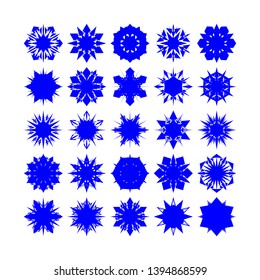 Blue Flowers / Pseudo-Snowflakes on white background. Sharp set of 25 items. - Vector