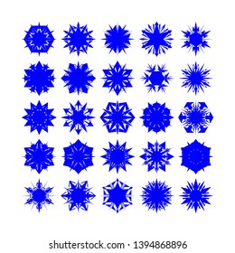 Blue Flowers / Pseudo-Snowflakes on white background. Sharp set of 25 items. - Vector