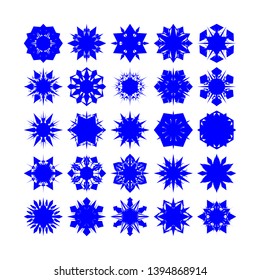 Blue Flowers / Pseudo-Snowflakes on white background. Sharp set of 25 items. - Vector