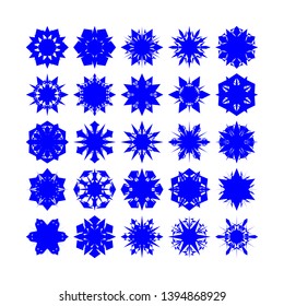 Blue Flowers / Pseudo-Snowflakes on white background. Sharp set of 25 items. - Vector