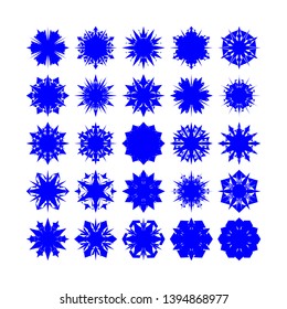 Blue Flowers / Pseudo-Snowflakes on white background. Sharp set of 25 items. - Vector
