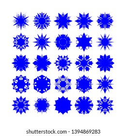 Blue Flowers / Pseudo-Snowflakes on white background. Sharp set of 25 items. - Vector