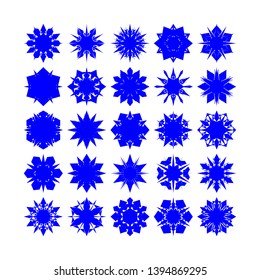 Blue Flowers / Pseudo-Snowflakes on white background. Sharp set of 25 items. - Vector