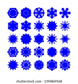 Blue Flowers / Pseudo-Snowflakes on white background. Sharp set of 25 items. - Vector