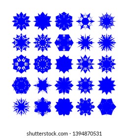 Blue Flowers / Pseudo-Snowflakes on white background. Sharp set of 25 items. - Vector