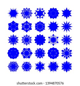 Blue Flowers / Pseudo-Snowflakes on white background. Sharp set of 25 items. - Vector