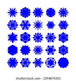 Blue Flowers / Pseudo-Snowflakes on white background. Sharp set of 25 items. - Vector