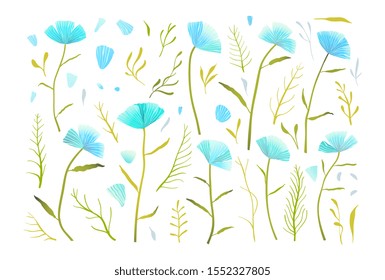 Blue flowers romantic collection of separate floral elements with bright gradients. Flowers garden set for natural floral design isolated on white vector objects. 