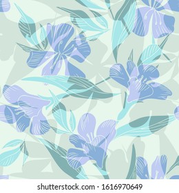 Blue Flowers Seamless Pattern. Hand Drawn Vector Background.