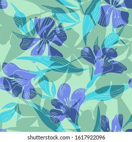 Blue Flowers Seamless Pattern. Hand Drawn Vector Background.