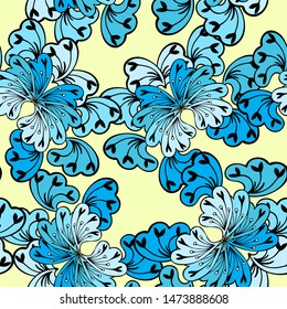 Blue flowers seamless pattern. Individual elements of flowers on a yellow background.