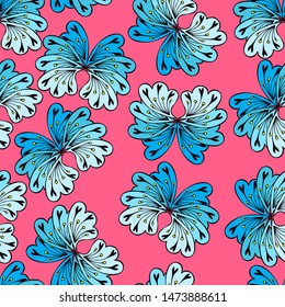 Blue flowers seamless pattern. Individual elements of flowers on a pink background.