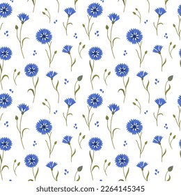 Blue flowers seamless pattern on white. Cornflowers background in elegant and minimal style. Vector
