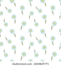 Blue flowers seamless pattern on a white background. Abstract and simple pattern. Hand drawn botanical textile