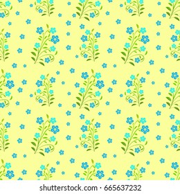 Blue flowers seamless pattern on yellow background