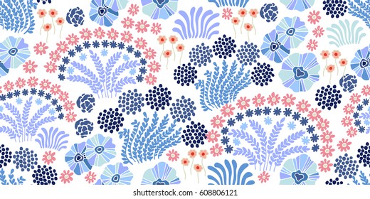 Blue flowers. Seamless pattern with oriental motifs.