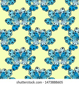 Blue flowers seamless pattern. Separate repeating elements of flowers on a yellow background.