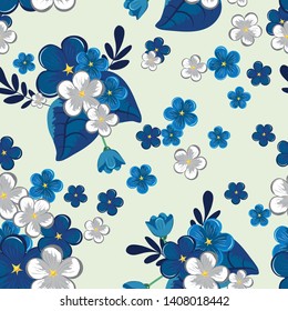 Blue flowers seamless pattern, vector illustration. 