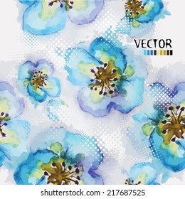 Blue flowers seamless watercolor. Vector