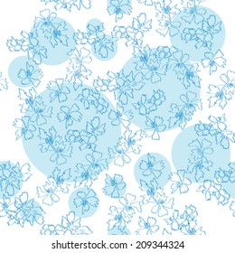 Blue flowers sketch pattern over white background with circular spots, cornflowers doodles