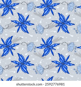Blue flowers, spring on pattern. Gray background, tender drawing.
