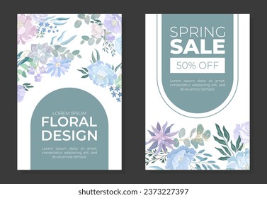 Blue Flowers Spring Sale Card Design with Blooming Flora Composition Vector Template