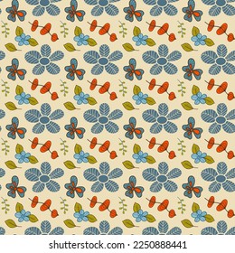 Blue flowers with streak on the petals. Seamless vector pattern on a light background. Suitable for fabrics, wrappers.