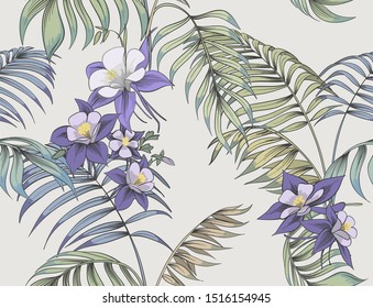 Blue flowers and tropical leaves. Vector seamless pattern.